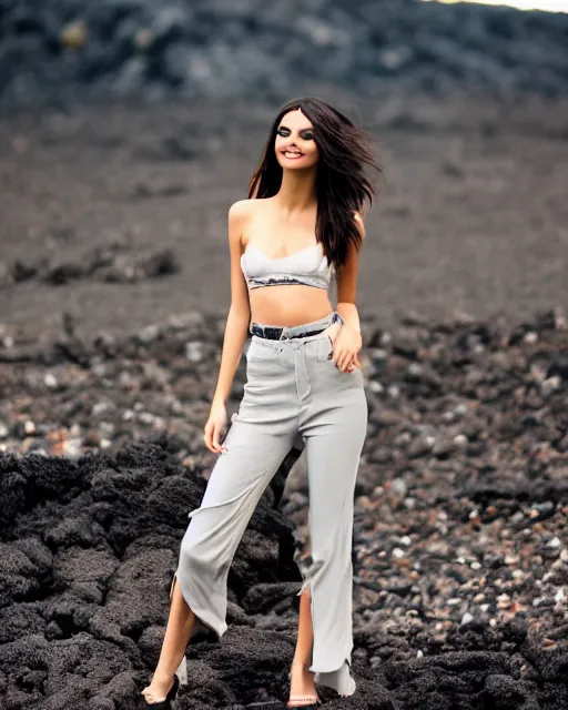 Image similar to victoria justice as a high fashion model, hairs fly in the wind, posing in front of a lava pit, 3 5 mm lens, f / 5. 6