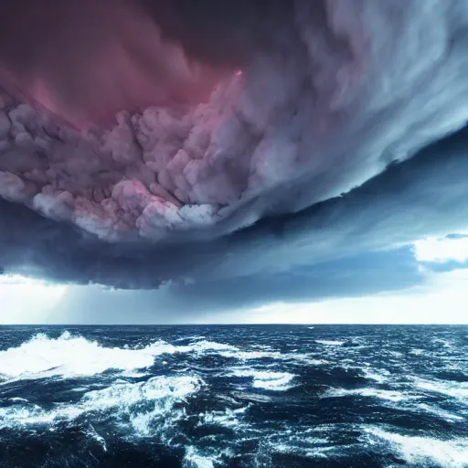 Prompt: dark storm clouds raining bright lava into the sea below, out at sea, huge swelling waves, 8k photorealistic, dramatic lighting, chiaroscuro