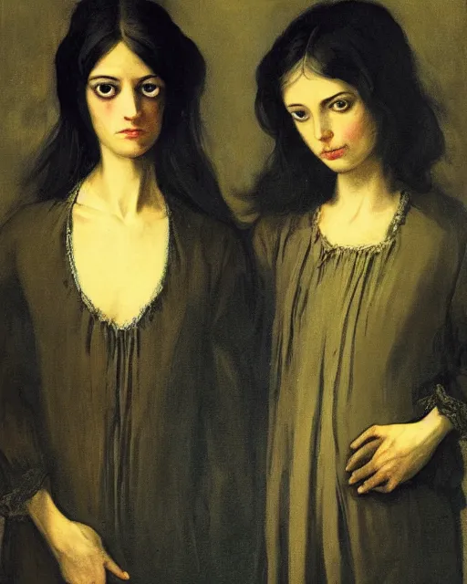 Image similar to a baroque painting of two beautiful but creepy siblings wearing oxford shirts in layers of fear, with haunted eyes and dark hair, 1 9 7 0 s, seventies, wallpaper, a little blood, morning light showing injuries, delicate embellishments, painterly, offset printing technique, by brom, robert henri, walter popp