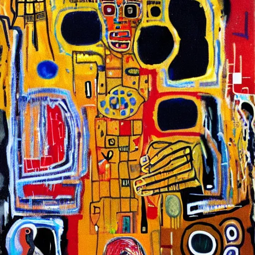 Image similar to artificial intelligence oil painting by klimt and graffiti by Jean-Michel Basquiat