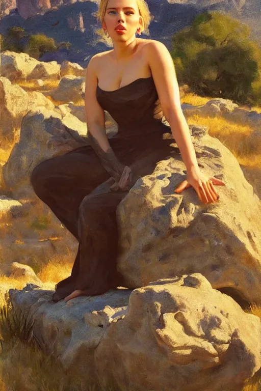 Image similar to portrait of scarlett johansson sitting with full face full figure on a rock near some ruins, in the style of expressionism, soft light, volumetric light, subsurface scattering, translucent skin, john singer sargent