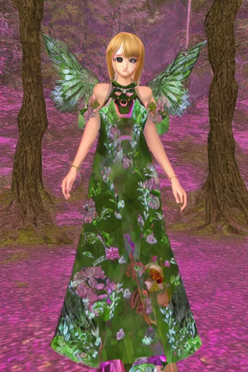 Image similar to cute female forest spirit wearing floral cybernetic hungarian valentino resort mystical angelic dress in a 3 d psx ps 2 jrpg style, overgrown esoteric cyber cathedral sanctuary, fashion gameplay screenshot, highly detailed, morning pink gold light