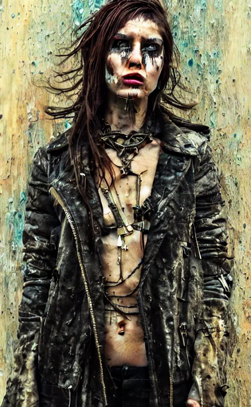 Prompt: acid rain effect, punk rock girl, mad max jacket, post apocalyptic, renaissance, cables on her body, hyper realistic style, oil painting, fantasy by Olga Fedorova