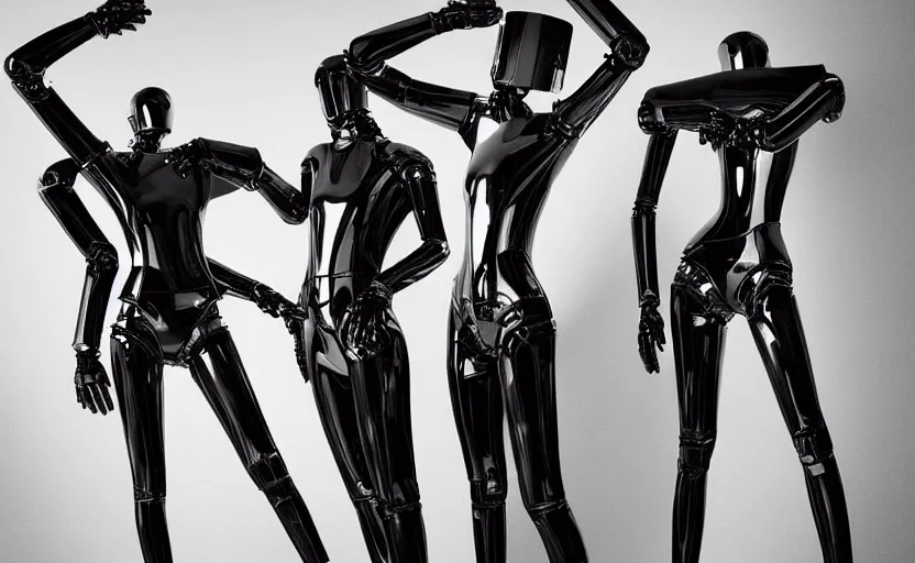 Image similar to gleaming black construction robots designed by alexander mcqueen, award winning fashion photography, beautiful soft lighting