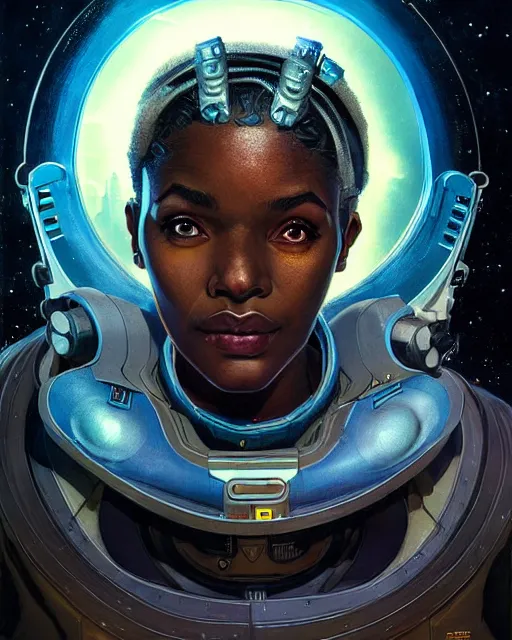 Image similar to sojourn from overwatch, african canadian, gray hair, character portrait, portrait, close up, concept art, intricate details, highly detailed, vintage sci - fi poster, retro future, vintage sci - fi art, in the style of chris foss, rodger dean, moebius, michael whelan, and gustave dore