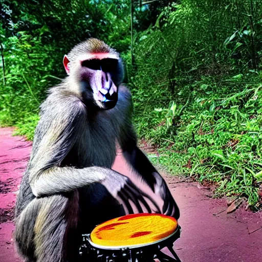 Image similar to photo of a baboon making a DAWless jam, synth, synthesizers, modular synth, jungle