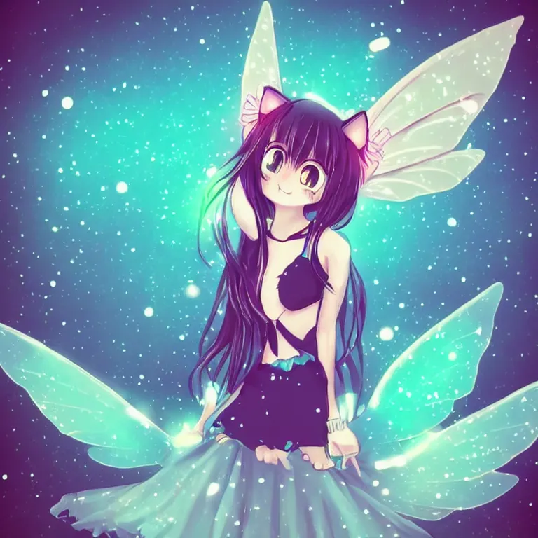 Image similar to cute, full body, female, anime style, a cat girl with fairy wings, large eyes, beautiful lighting, sharp focus, simple background, creative, heart effects, filters applied, illustration