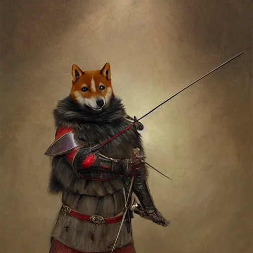 Image similar to anthropomorphic shiba inu, holding medieval bow and aiming directly to camera, medieval armor, dark aura, fantasy, dark graveyard scene, portrait art by donato giancola and greg rutkowski, realistic face, digital art, trending on artstation, symmetry