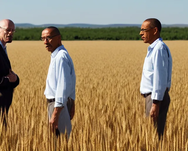 Image similar to extreme long shot of walter white and gustavo fring standing facing each other from a distance in a wheat field, low angle, side view, perfect angle, 8 5 mm photograph, 8 k resolution, wide shot, sharp lens, high detail, cinematic