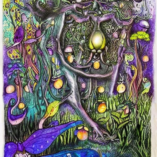 Prompt: a very large silver key. fine detail. realistic. fireflies. full moon. colourful. folk horror art style. alice in wonderland