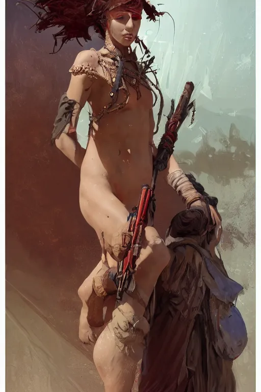 Image similar to a full body portrait of a beautiful post apocalyptic offworld sorcerer ’ s district bedouin blind pulp fiction scarlet wild rogue barbarian leper begging by the roadside, intricate, elegant, highly detailed, digital painting, artstation, concept art, smooth, sharp focus, illustration, art by krenz cushart and artem demura and alphonse mucha