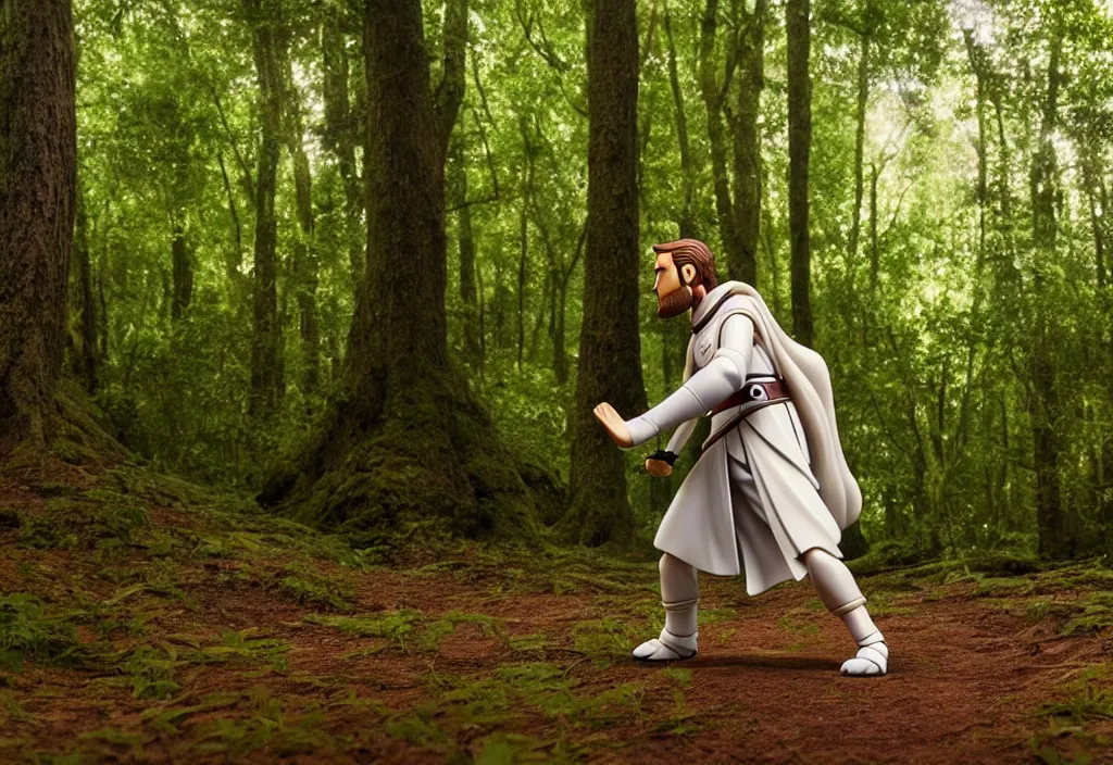 Image similar to side view of obi wan kenobi of disney movie as nendoroid running in a forest, 8 k hd dof, kodak film,