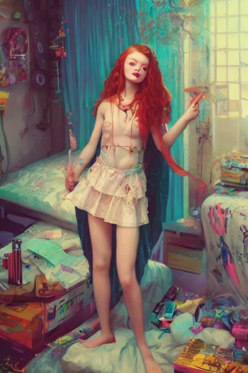 Prompt: sadie sink portrait of a vaporwave girl in a cluttered 9 0 s bedroom, by artgerm, tom bagshaw, gerald brom, vaporwave!, vaporwave colors!, lo fi colors, lo fi, 4 k, hd,