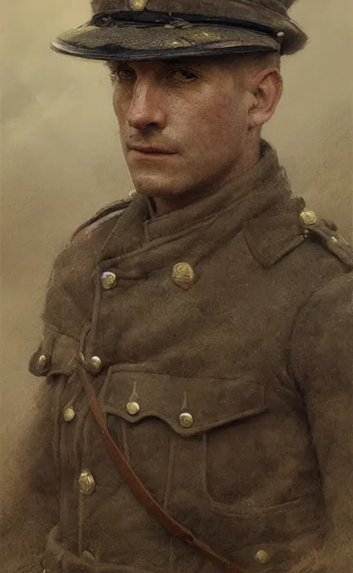 Prompt: portrait of a wwi british army officer, male, detailed face, first world war, 2 0 th century, highly detailed, cinematic lighting, digital art painting by greg rutkowski