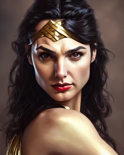 Image similar to gal gadot vampire, perfect face, gold waistcoat, cinematic, stunning, highly detailed, digital painting, artstation, smooth, hard focus, illustration, art by artgerm and greg rutkowski and alphonse mucha