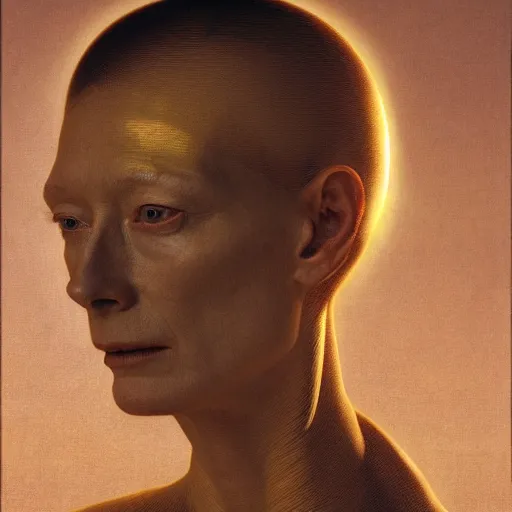 Image similar to Woman masterpiece, Tilda Swinton, yellow, golden halo behind her head, wires everywhere, by Edgar Maxence and Ross Tran, Zdzisław Beksiński, and Michael Whelan, distant, gustav dore, H.R. Giger, 8k, octane render