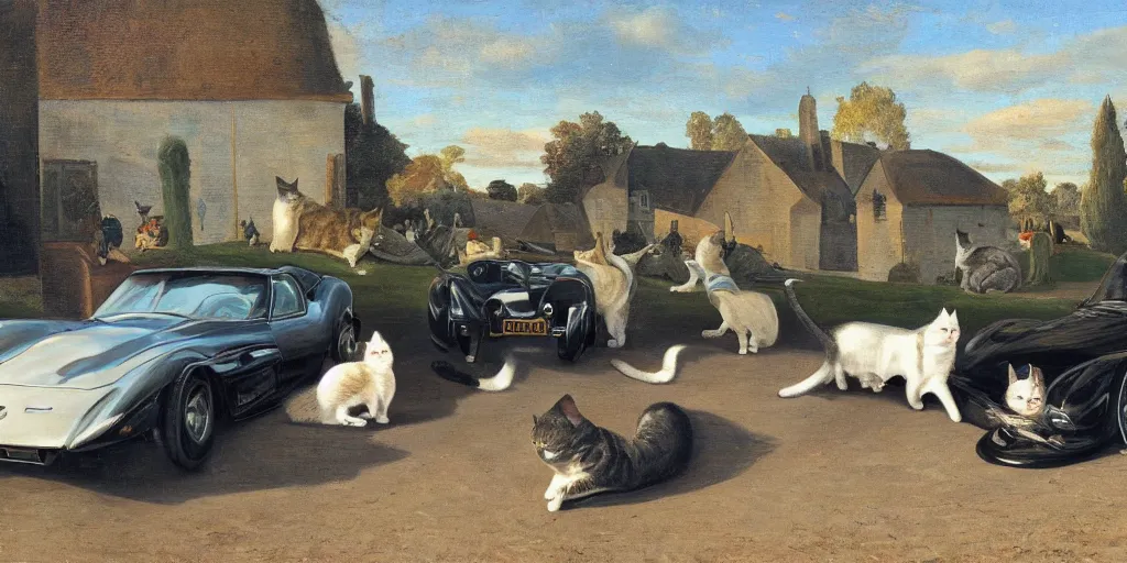 Image similar to corvette with cats sitting in and on the car, old dutch painting, golden hour, shadows, wide shot