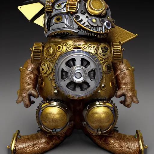 Image similar to A steampunk pikachu made from ornate engraved full plate armor and gears, macro shot by Justin Gerard, unreal engine, physically based rendering