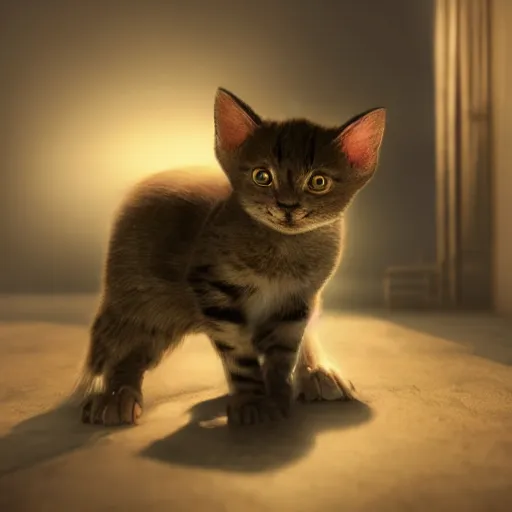 Image similar to a wonky kitten, strange color , dramatic lighting, cinematic, establishing shot, extremely high detail, foto realistic, cinematic lighting, post processed, concept art, high details, cinematic, 8k resolution, beautiful detailed, photorealistic, digital painting, artstation, concept art, smooth, sharp focus, artstation trending, octane render, unreal engine