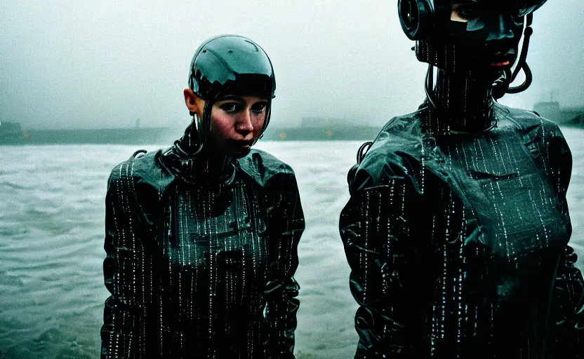 Image similar to cinestill 5 0 d candid photographic portrait by helen levitt of two cyborgs wearing rugged white mesh techwear in treacherous waters, extreme closeup, modern cyberpunk moody depressing cinematic, pouring rain, 8 k, hd, high resolution, 3 5 mm, f / 3 2, ultra realistic faces, ex machina