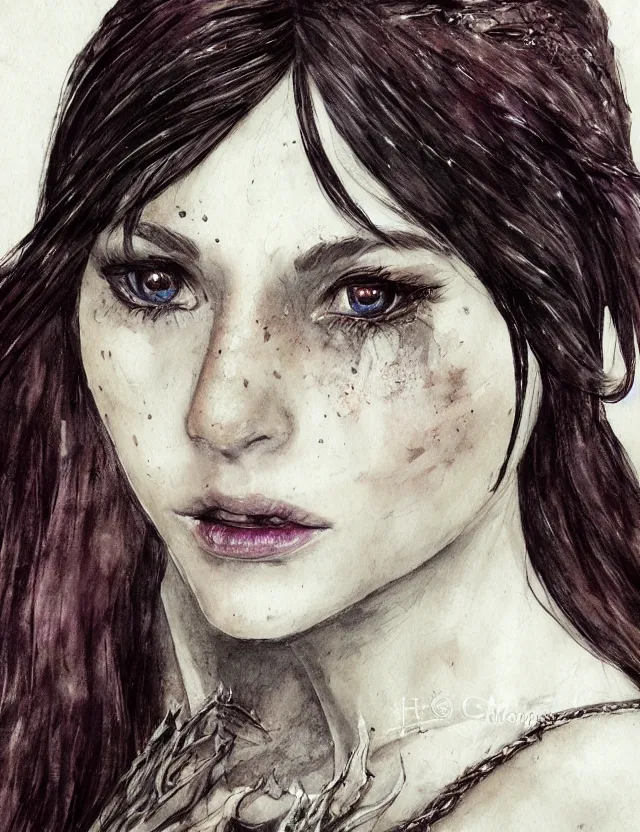 Prompt: portrait of a beautiful young sorceress from skyrim, beautiful eyes, long black hair, aquarelle, realistic painting, freckles, 2 / 4 headshot