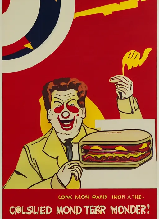 Prompt: cold war civil defense poster, for ronald mcdonald holding a tray of burgers,