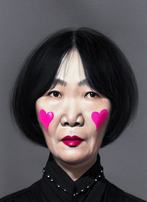 Image similar to portrait of a middle - aged asian woman with a crooked nose and a confident expression, 1 9 6 0 s, black clothes, goth, punk, brightly coloured hair, funk, intricate, elegant, highly detailed, digital painting, artstation, concept art, smooth, sharp focus, illustration, art by wlop, mars ravelo and greg rutkowski