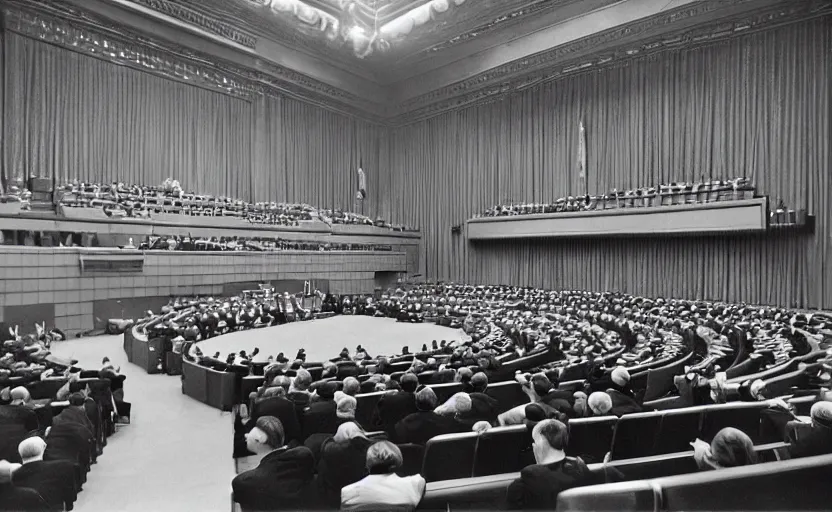 Image similar to 60s movie still of a CCCP congress in a stalinist style parlement, by Irving Penn , cinestill 800t 35mm eastmancolor, heavy grainy picture, very detailed, high quality, 4k, HD criterion