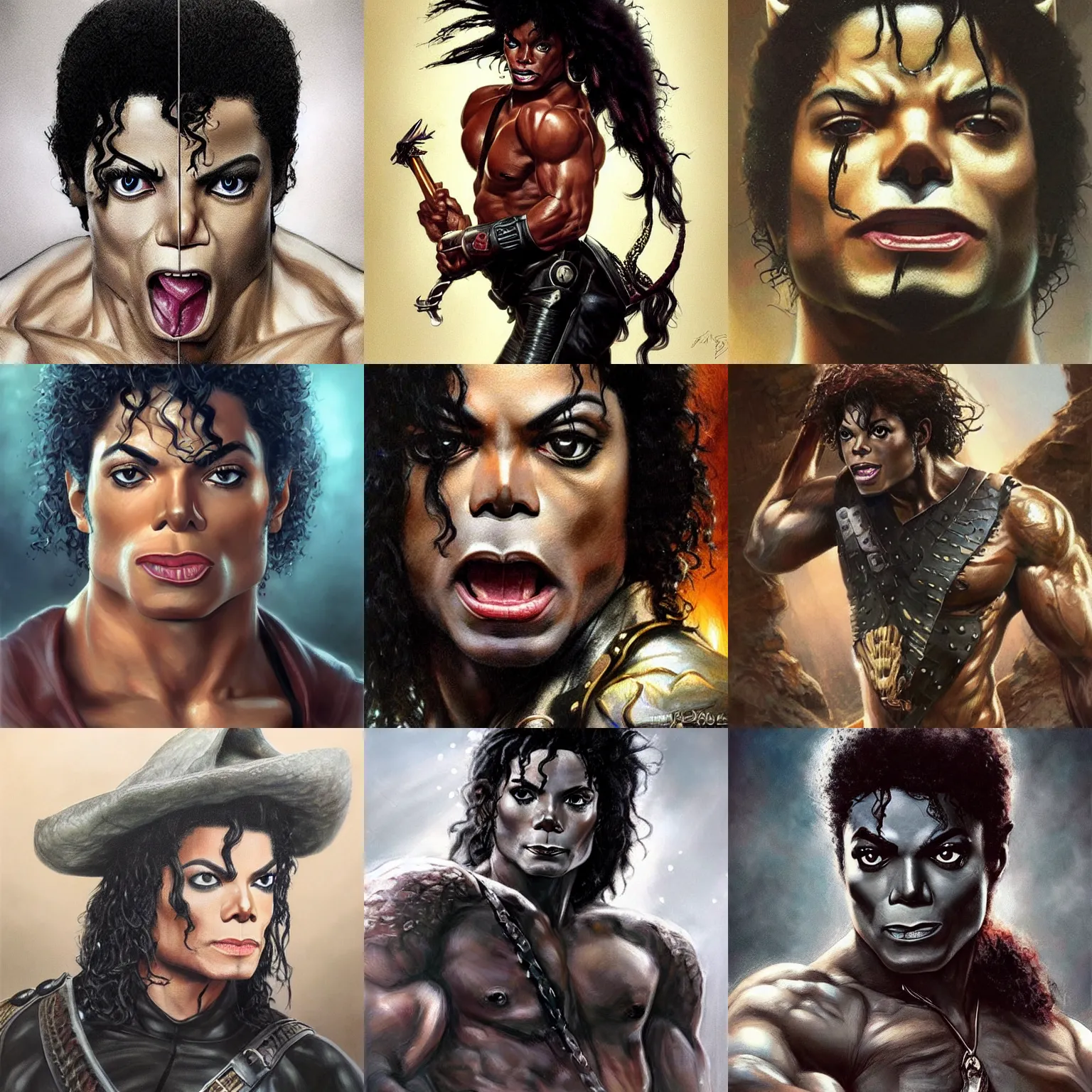 Prompt: panther!!! michael jackson! very close portrait of angry rugged barbarian, muscular, upper body, 👅 👅 , D&D, fantasy, intricate, elegant, highly detailed, digital painting, artstation, concept art, smooth, sharp focus, illustration, art by artgerm and greg rutkowski and alphonse mucha