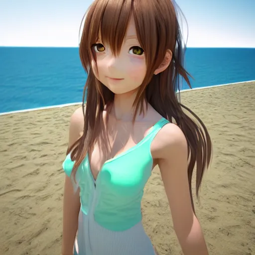 Prompt: Render of a cute 3d anime girl, long bronze brown hair, green eyes, cute freckles, full round face, soft smile, cute sundress, golden hour, serene beach setting, medium shot, mid-shot, hyperdetailed, trending on Artstation, Unreal Engine 4k