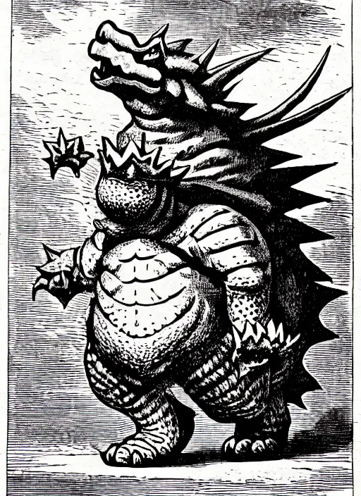 Image similar to illustration of bowser the king koopa as a demon from the dictionarre infernal, etching by louis le breton, 1 8 6 9, 1 2 0 0 dpi scan, ultrasharp detail, clean scan