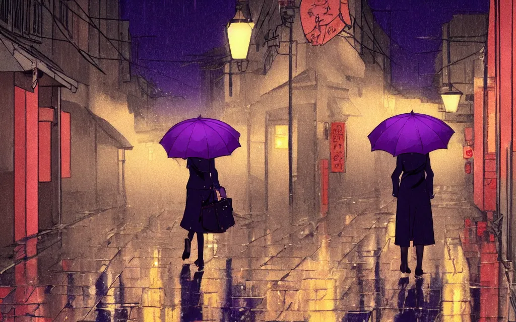 Image similar to a woman holding a purple umbrella walking on the wet street on a rainy night in a kyoto alley way by makoto shinkai by studio ghibli and by wes anderson. dramatic lighting. cel shading.