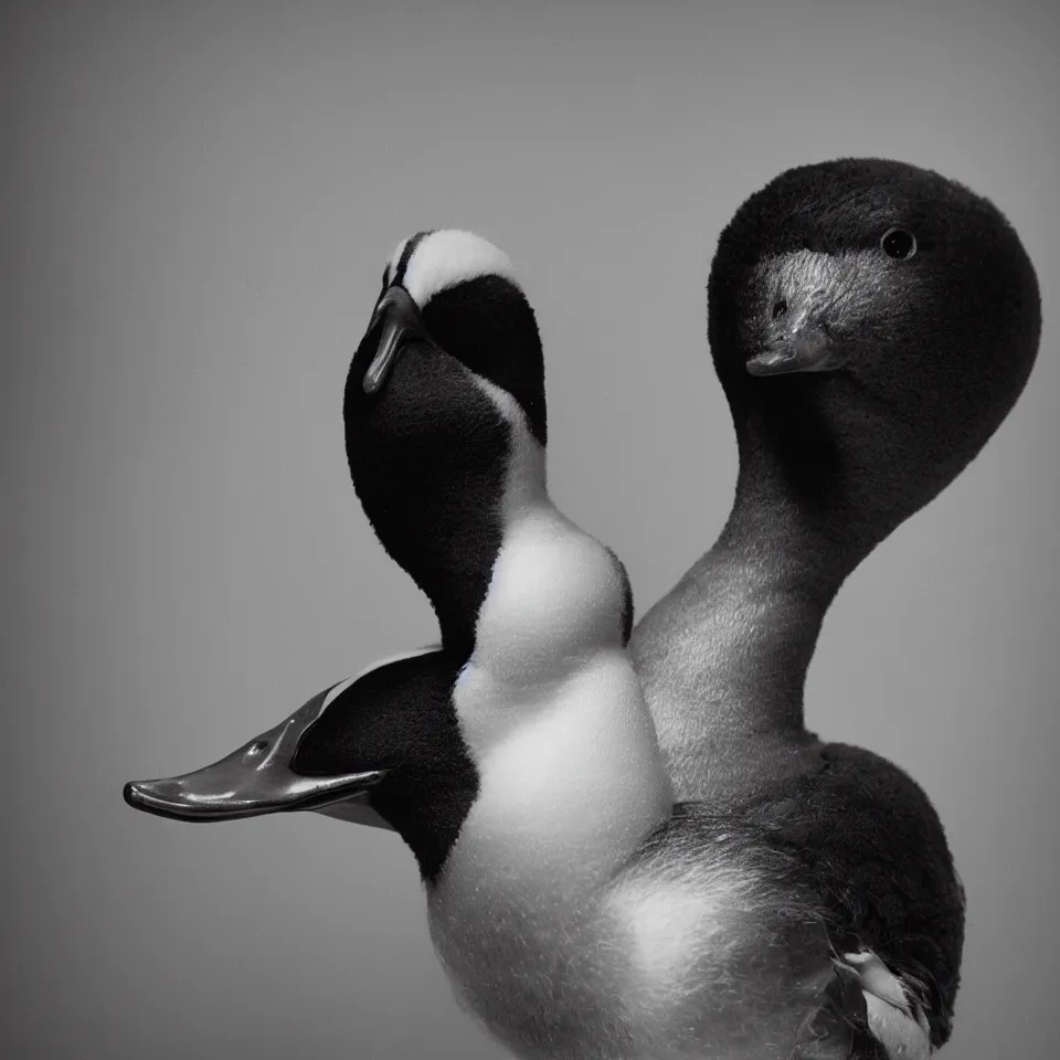 Prompt: a black and white studio portrait of a humanoid duck punk rocker, studio lighting, tri - x