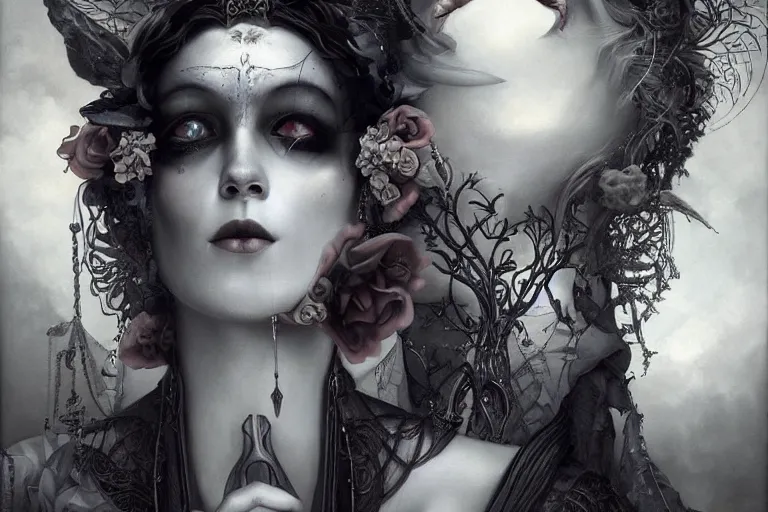 Image similar to By Tom Bagshaw, ultra realist soft painting of curiosities carnival by night, eyes shut very beautiful horn single female gothic wearing corset , symmetry accurate features, very intricate details, omnious sky, black and white, volumetric light clouds