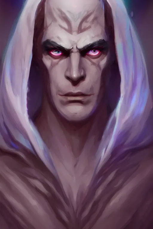 Prompt: djinn man male demon, portrait, full body character concept art, purple cloak, costume design, illustration, white horns from eyebrows, single face, cinematic color grading, editorial photo, fashion, hyperrealism, trending on artstation, Charlie Bowater, WLOP