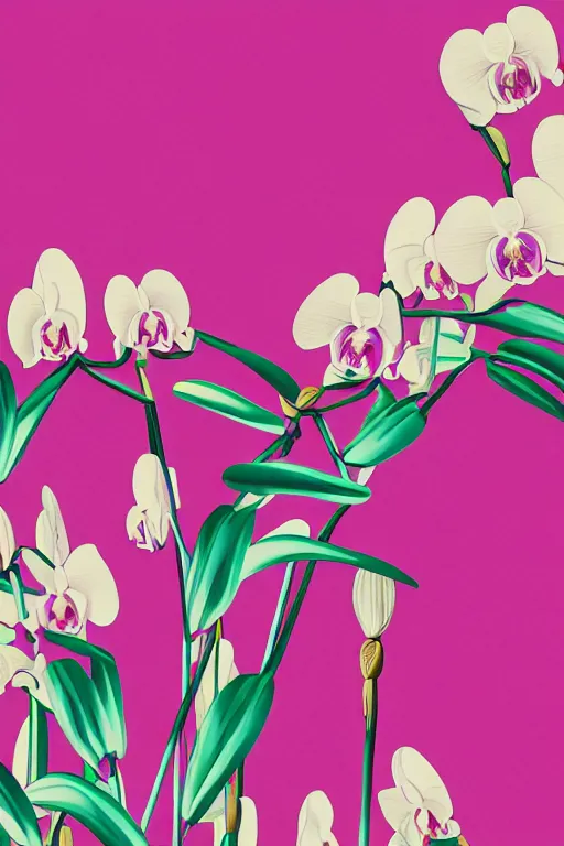 Prompt: orchids, screen print, cut out, flat, bold, gradients, dynamic composition, vaporwave