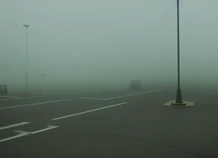 Image similar to cinematic screenshot high wide angle shot of olivia coleman standing outside in a foggy desolate eerie department store empty parking lot, one car, paranoia everywhere, scene from the tense thriller film directed by spike jonze, volumetric hazy lighting, anamorphic lens, moody cinematography, 3 5 mm kodak color ektochrome