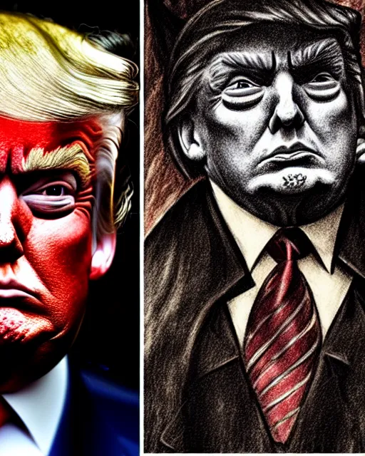 Prompt: photograph of donald trump as dracula, character portrait, close up, concept art, intricate details, in the style of otto dix and h. r giger