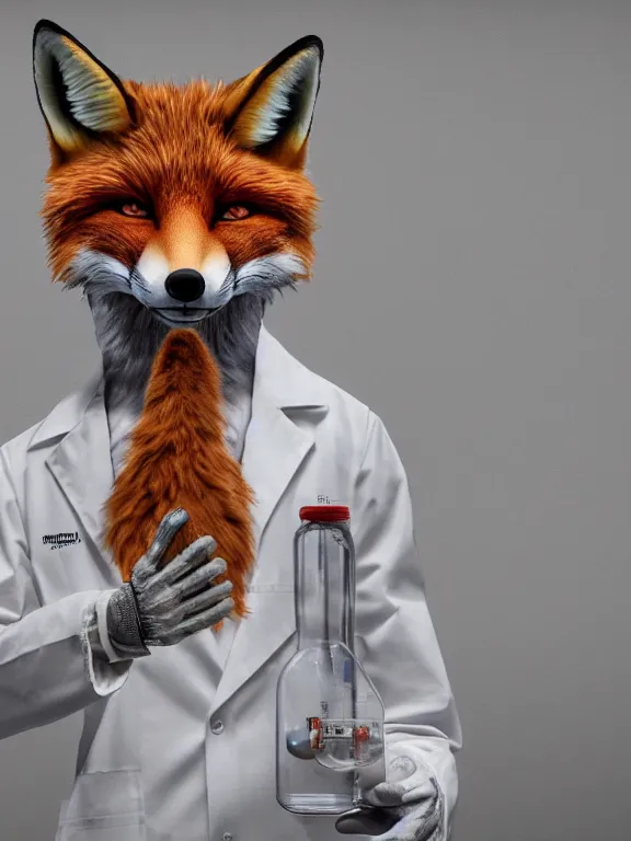 Prompt: a humanoid fox wearing a scientist white coat, chemicals on a white table in front of the fox, digital art, digital painting, masterpiece, anatomically correct, five fingers, cinematic, high coherence, realistic, high quality, highly detailed, 8 k, dramatic lighting, path traced, centered, high definition