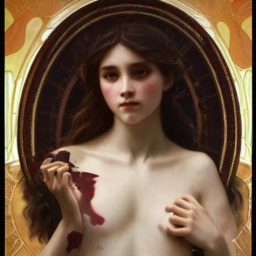 Image similar to faceless girl bleeding into a mirror, intricate, art by artgerm and greg rutkowski and alphonse mucha and william - adolphe bouguereau, high detailed, 4 k,
