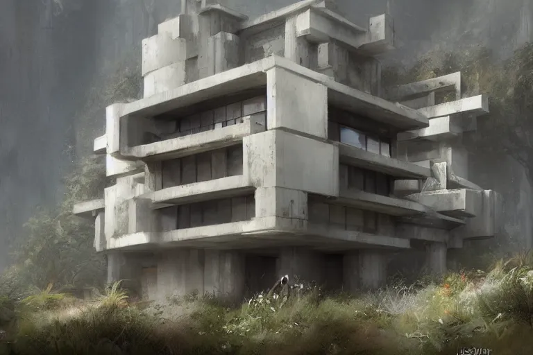 Image similar to brutalist futuristic white residence, pacific northwest, by Jessica Rossier and Brian Froud