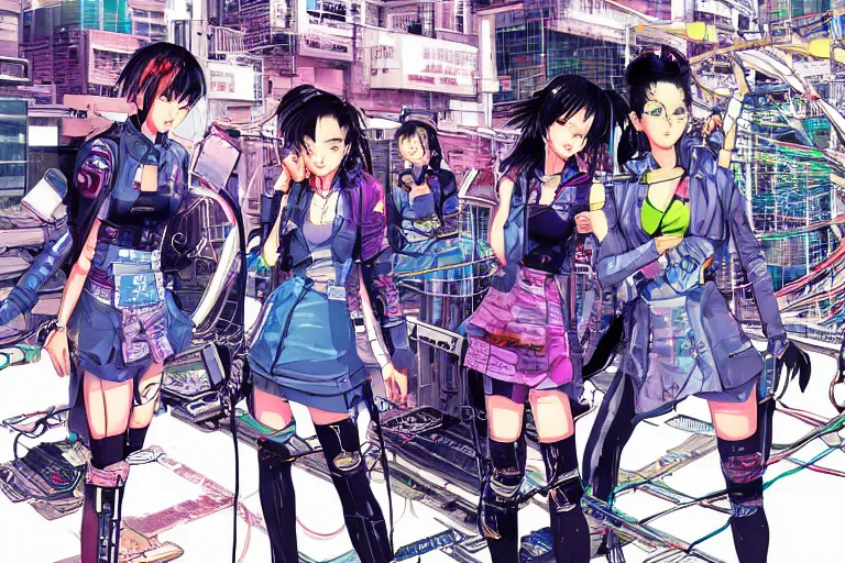 Image similar to a cyberpunk illustration of a group of four super-coherent female androids dressed in seifuku in style of masamune shirow, lying scattered across an empty, white floor with their bodies rotated in different poses and cables and wires coming out, by yukito kishiro and katsuhiro otomo, hyper-detailed, intricate, view from above, colorful