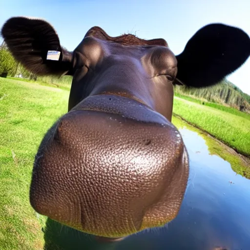 Image similar to selfie stick photo of a cow and its hippopotamus best friend. photograph. nature photography. high quality.