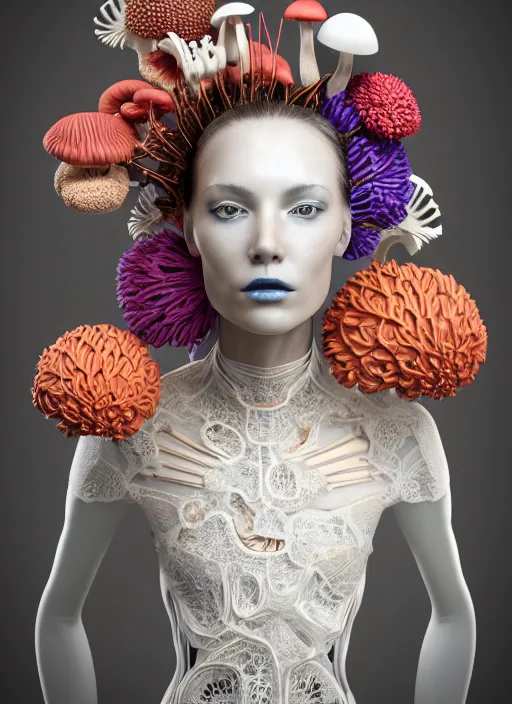 Prompt: biomechanical beautiful woman portrait with a smooth porcelain ivory profile face, futuristic haute couture, iris van herpin, headdress with daisies, colorful puffballs, mushrooms, rhizomorphs, brackets, sponge corals, laser cut paper lace collar, octane highly render, 8 k, rim light, white background