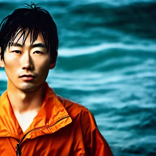 Image similar to a close up photographic portrait of a handsome japanese man stands in the ocean wearing wet weather gear looking worried taken by annie leibowitz. cinematic lighting, blue background colour, 5 0 mm, subsurface scatter, bladerunner sci fi.