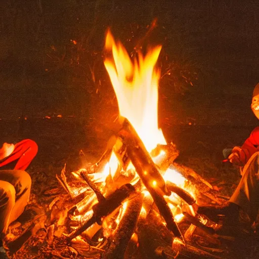 Image similar to beaver being spit roasted over a campfire at night, photograph