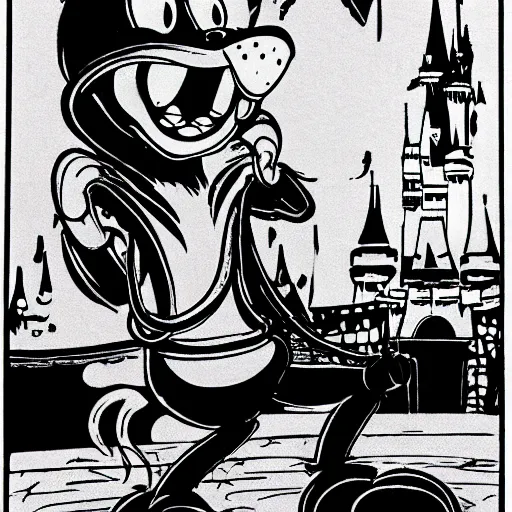 Image similar to post - apocalyptic magic kingdom, rubberhose animation, walt disney world, vintage cartoon, felix the cat,