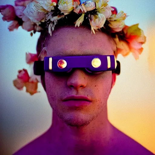 Prompt: close up kodak portra 4 0 0 milk bath photography of a skinny guy with blonde hair, aerial view, wearing cybergoth goggles, flower crown, moody lighting, telephoto, 9 0 s vibe, blurry background, vaporwave colors, dream aesthetic, dreamy aesthetic, faded!,
