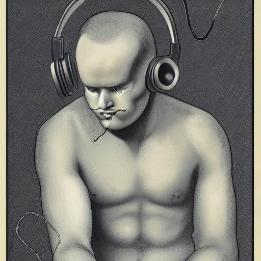 Prompt: a Evil-Satan-Demon listening to Headphones by Raphael, Hopper, and Rene Magritte. detailed, romantic, enchanting, trending on artstation.