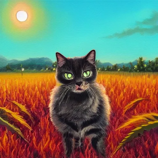 Prompt: a detailed oil painting of a smirking cat wandering through a field of cannabis plants, artstation, colorful, sunrise